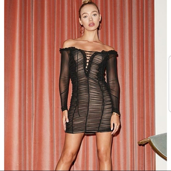 Majorelle darling mini dress small black ruched mesh off shoulder long sleeve - Picture 8 of 10